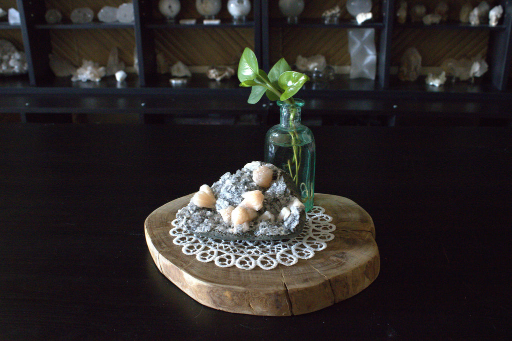 Peach Stilbite on Black Heulandite Matrix Statement Freeform
